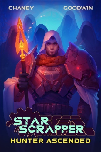 Star Scrapper 10 book cover, Hank wears armor and a hooded cloak, carrying a spear with an orange glow