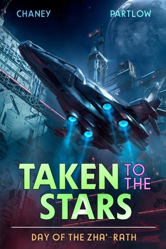 Taken to the Stars 10 book cover, painted in shades of blue, a starship takes off