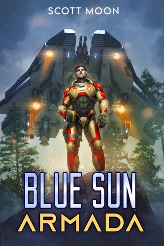 Blue Sun Armada 1 book cover, Duke wears armor standing in front of a large starship surrounded by trees