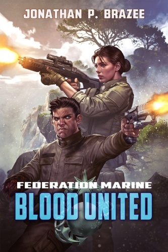 Federation Marine 13 book cover, siblings Esther and Noah wield firearms against an unseen enemy, steep cliff and trees in background