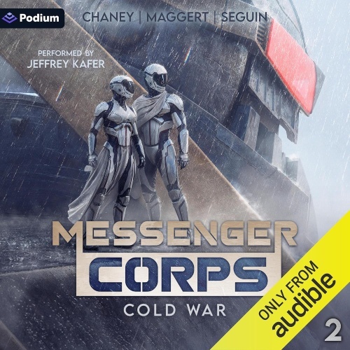 Messenger Corps 2 audio cover, a female figure & and a male figure stand atop the shoulder of a giant mech, both wearing light-colored spacesuits with flowing fabric