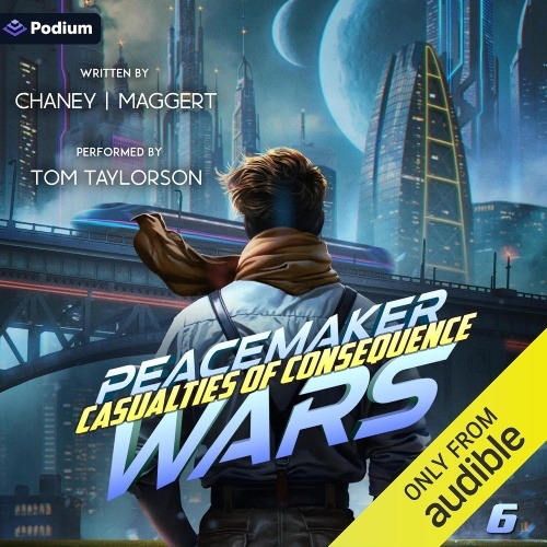 Peacemaker Wars 6 audio cover, back view of male figure wearing a scarf, he gazes upon a cityscape with planets in the background