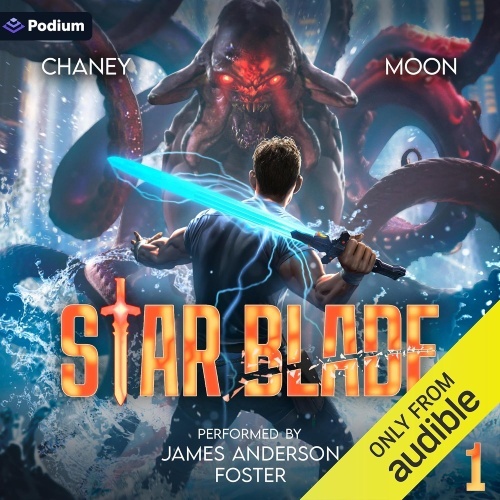 Star Blade 1 audio cover, a man wields a sentient sword against a large alien beast with tentacles