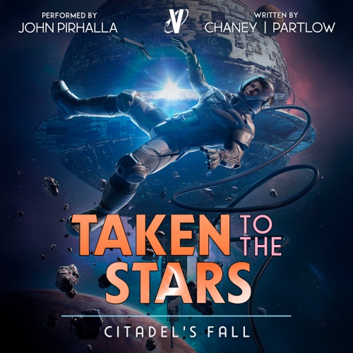 Taken to the Stars 9 audio cover, male figure in spacesuit floating in space