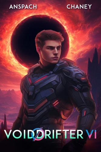 Void Drifter 6 book cover, Will looks in the distance, wearing a dark space suit with red lights, an eclipse-like scene in the background painted in reds, orange, and black