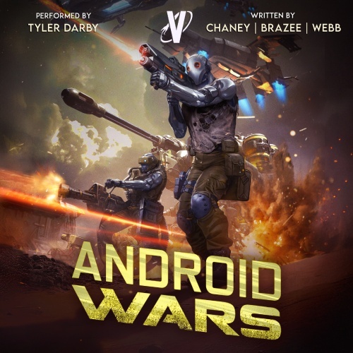 Android Wars 1 audio cover, an android brandishes a rifle in the thick of a space battle, another heavy armored figure wields a flamethrower in the background