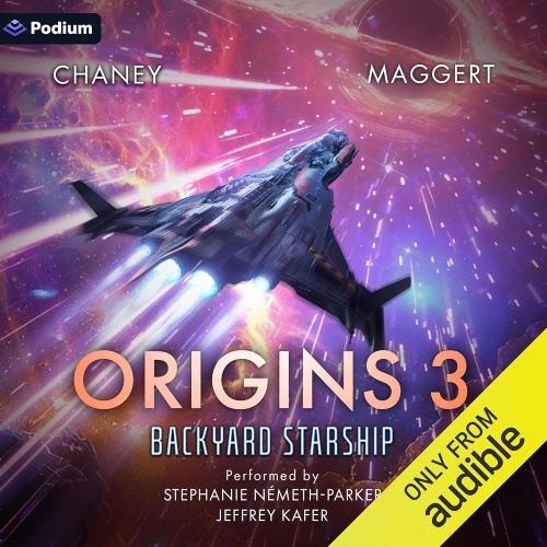 Backyard Starship Origins 3 audio cover, starship speeding through space, hues of pink and purple