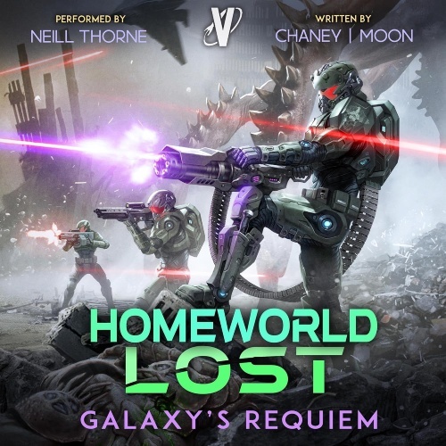 Homeworld Lost 12 audio cover, Futuristic soldiers hold back an enemy force with firepower