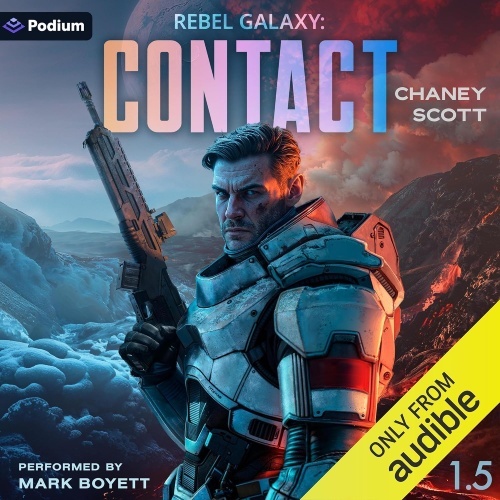 Rebel Galaxy 1.5 audio cover, Dane wearing a white battle-hardened space suit holding a rifle