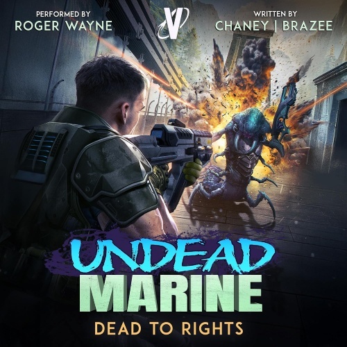Undead Marine 6 audio cover, male figure in military garb brandishes rifle towards an alien creature