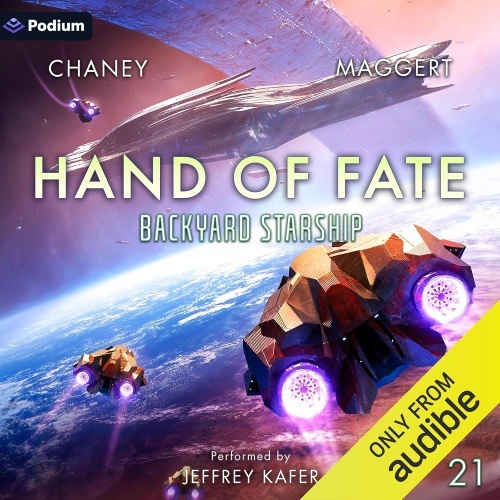 Backyard Starship 21 audio cover, Starships flying over the planet, under a wring-like space station.