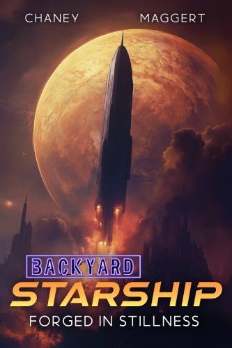 Backyard Starship 27 book cover, a large ship takes off in front of a looming planet, ominous color palette of dark brown and gold