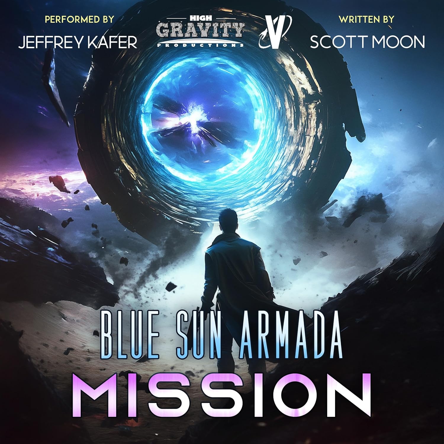 Blue Sun Armada 3 audio cover, back view of male silhouette overlooking a blazing blue portal
