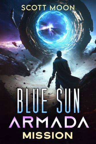 Blue Sun Armada 3 book cover, back view of male silhouette overlooking a blazing blue portal