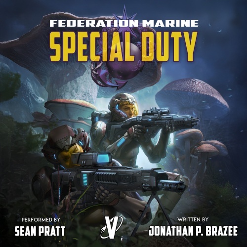Federation Marine 12 audio cover, male and female figure in spacesuit holding rifles