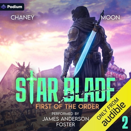 Star Blade 2 audio cover, Jake Fox gazes over a decimated Las Vegas, the Star Blade strapped to his back