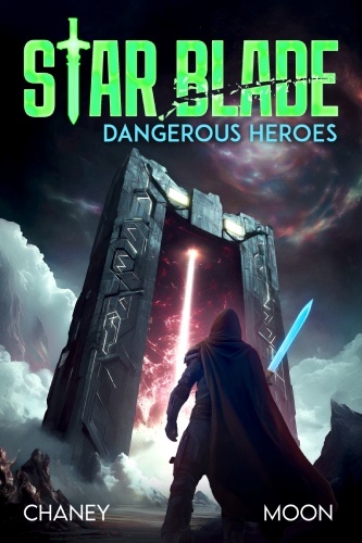 Star Blade 4 book cover, Jake faces a giant looming gate holding the star blade, ominous lighting