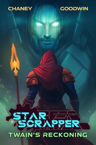 A shrouded male figure holds a spear, facing a large holographic image of a man