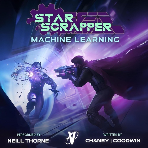 Star Scrapper 9 audio cover, Ned fires a rifle towards an oncoming enemy, shards splinter from the enemy, the scene is awash in tones of purple and blue