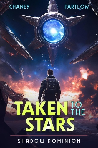 Taken to the Stars 12 book cover, Charlie stands on planet, peering at the enemy, facing a dire scene of flames