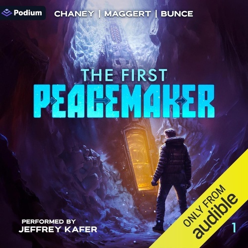 The First Peacemaker audio cover, Alexander stands before an ancient glowing doorway to another universe, he wears a winter coat