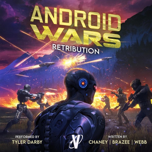 Android Wars 3 audio cover, battle of androids versus humans, gunfire and starships zoom past, shades of purple, pink, and yellow