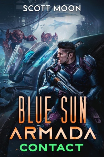 Blue Sun Armada 4 book cover, Ron lies in wait with his rifle ready, alien forms merge in the background
