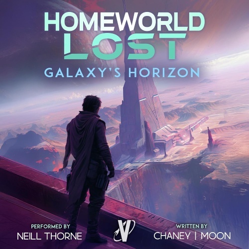 Homeworld Lost 13 audio cover, male figure stands over alien terrestrial world, planet in distance in shades of soft gray and purple