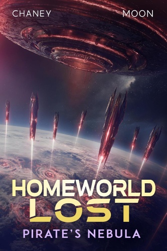 Homeworld Lost 14 book cover, an alien starship hovers above a planet, many smaller ships have been deployed all around it