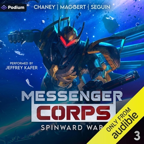 Messenger Corps 3 audio cover, large Mech floating in deep blue space grasping a glowing energy sword