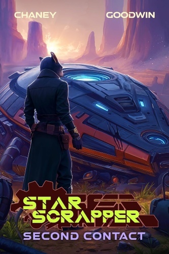 Star Scrapper 13 book cover, alien figure stands with back to camera wearing a trench coat, a downed spaceship rests before them