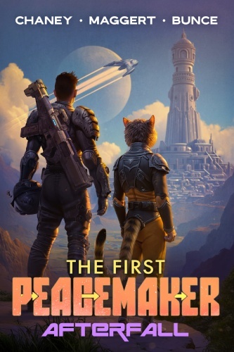 The First Peacemaker 2 book cover, Alexander Hawkes stands facing a towering structure, a feline-like companion stands beside him