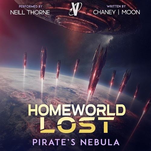 Homeworld Lost 14 audio cover, an alien starship hovers above a planet, many smaller ships have been deployed all around it