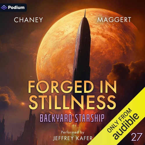 Backyard Starship 27 audio cover, a large ship takes off in front of a looming planet, ominous color palette of dark brown and gold