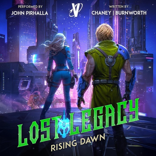 Lost Legacy 2 audio cover, two futuristic heroes stand ready against a neon-lit city skyline