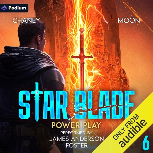 Star Blade 6 audio cover, a lone warrior stands before a towering fiery rift with a glowing sword embedded at its heart