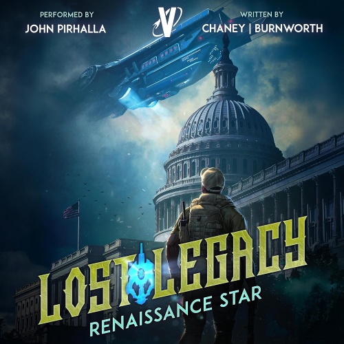 Lost Legacy 3 audio cover, a lone soldier stands before the ruined Capitol as a massive starship looms overhead