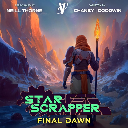 Star Scrapper 15 audio cover, a lone armored explorer stands in a glowing canyon beneath a vast alien sky, staff in hand, gazing toward the rising light