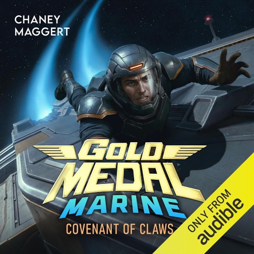 Gold Medal Marine 3 audio cover, a space marine in futuristic armor clings to the hull of a speeding starship