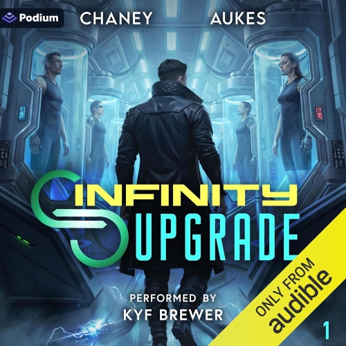 Infinity Upgrade 1 audio cover, a man in a long black coat walks through a futuristic blue-lit sci-fi corridor lined with glass pods