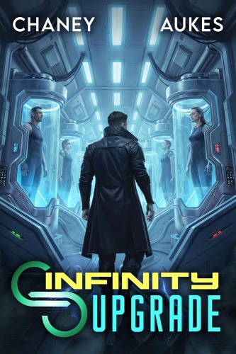 Infinity Upgrade 1 book cover, a man in a long black coat walks through a futuristic blue-lit sci-fi corridor lined with glass pods