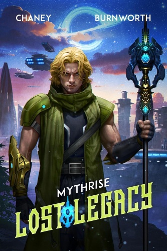 Lost Legacy 6 book cover, a blond hero in futuristic armor stands in a sci-fi city beneath a glowing celestial phenomenon