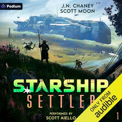 Starship Settler 1 audio cover, a lone explorer and companions overlook a vast alien landscape as a colossal starship hovers above