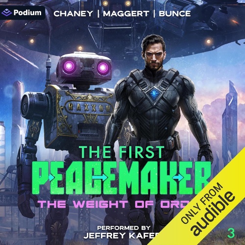 The First Peacemaker 3 audio cover, a heavily armored Alexander, a glowing-eyed robot companion, and a massive spaceship looming overhead, set against a sleek, high-tech cityscape.