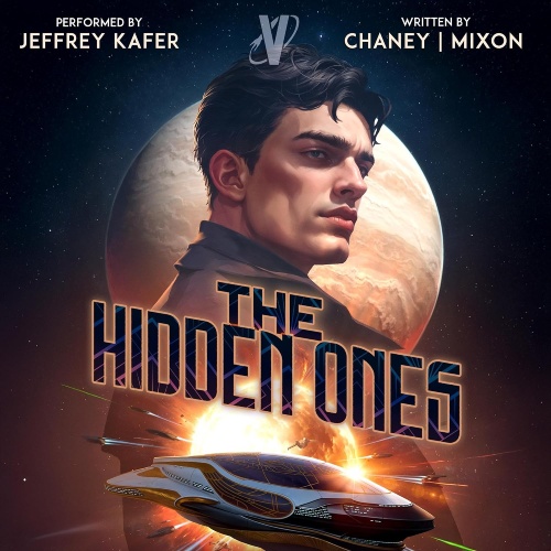 The Forgotten Ship 5 audio cover, Drake in profile against a planet-filled starfield, with a sleek futuristic spacecraft and explosive light below