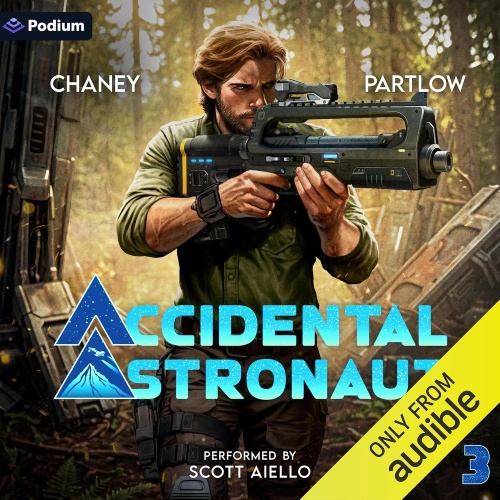 Accidental Astronaut 3 audio cover, Jack armed with a futuristic rifle moves cautiously through a forested crash site on an alien world, framed by towering trees and wreckage