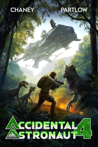 Accidental Astronaut 4 book cover, a lone explorer faces down rampaging dinosaurs in a lush jungle as a massive spaceship descends overhead