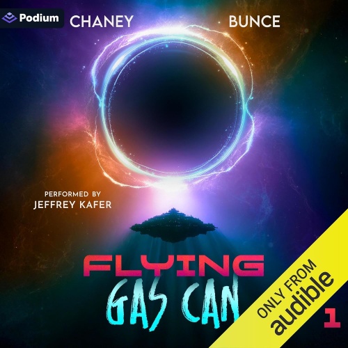 Flying Gas Can 1 audio cover, a glowing gamma ring in deep space above a shadowed starship