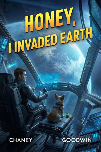 Honey, I Found a Starship 3 book cover, a man and his corgi pilot a starship above Earth