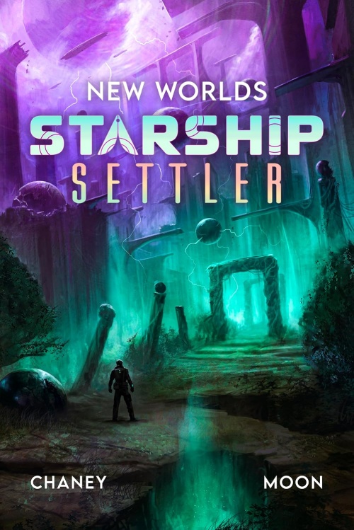 Starship Settler 2 book cover, a lone explorer stands before glowing alien ruins beneath a stormy purple sky
